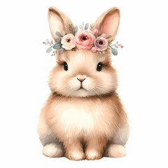 watercolor illustration of cute baby bunny sitting with flowers in hair for baby nursery kids room decor