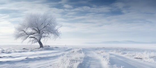 A solitary tree stands in the center of a snowy field, surrounded by a vast natural landscape. The freezing wind blows across the slope, painting a picturesque scene against the cloudy sky