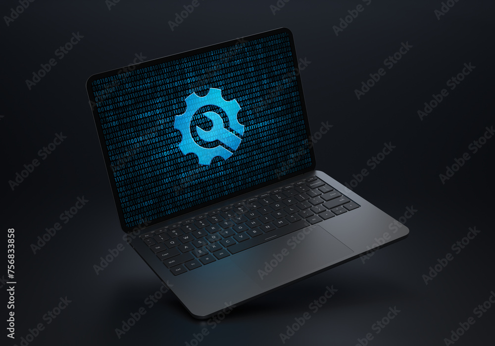 Poster laptop device on a dark background with a stylish angled placement showing a digital tool icon on th