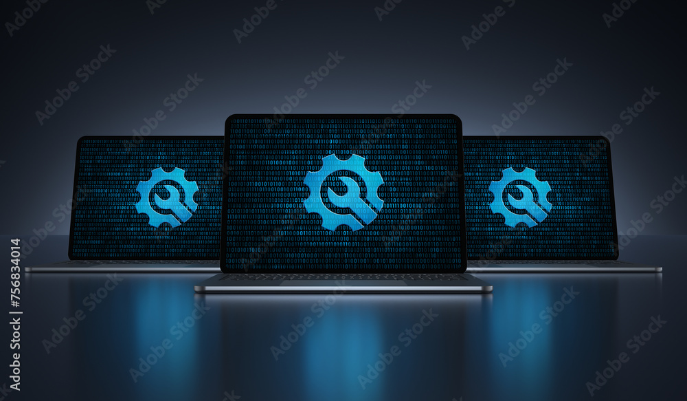 Aufkleber laptop devices with digital tool icon on their screens on a dark background. realistic rendering.