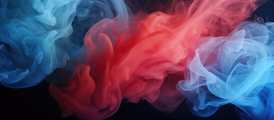 Electric blue and magenta petals swirl together in the sky, creating a woolly cloud of smoke on a black background. A vibrant and mesmerizing event in peach, red, white and blue colors