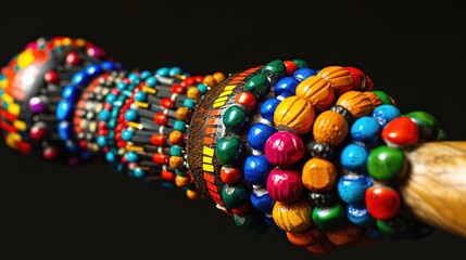 A maracas with colorful beads and a wooden handle, captured against a solid black background for a...