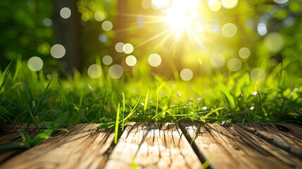 Fresh spring green grass with green bokeh and sunlight and wood floor. Beauty natural background - generative ai - obrazy, fototapety, plakaty