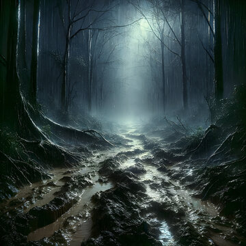 A dark, spooky forest straight out of a gothic horror tale.