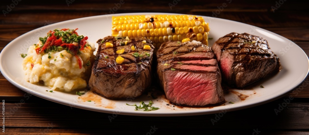 Canvas Prints A delicious dish featuring a white plate with steaks, corn on the cob, and mashed potatoes. This recipe combines the flavors of beef, pork, and produce for a tasty cuisine experience