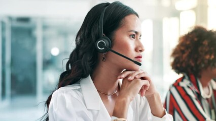 Call center, customer support and woman in office for consulting, help and CRM service. Telemarketing, networking and business person listen with headset for contact, connection and communication - Powered by Adobe