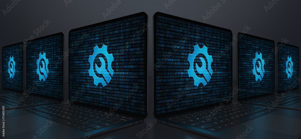 Poster laptop devices forming an angle with a digital tool icon on their screens on a dark background. real