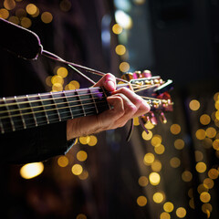 A musician plays a chord on an acoustic guitar during a performance