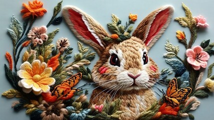 embroidery and sewing art of cute bunny with butterfly. nobody background.  - obrazy, fototapety, plakaty