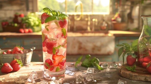 Summery Refreshment: Tall Glass of Strawberry Iced Drink with Fresh Strawberries and Basil Leaves, Served in Glass with Ice Cubes, Sunlit Kitchen Background