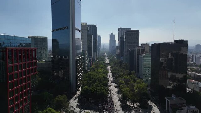 Aerial view of the International Women's Day rally along Paseo de la Reforma, CDMX, Mexico