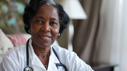 nurse doctor senior care caregiver help assistence retirement home nursing elderly woman health support african american black portrait doctor - obrazy, fototapety, plakaty