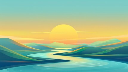 Fototapeta na wymiar Illustration of a river landscape in flat flat vector style. Minimalist landscape in pastel colors in vector graphics style.