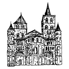 Trier Cathedral. Trierer Dom. High Cathedral of Saint Peter in Trier. Roman Catholic Romanesque cathedral in Gwermany. Hand drawn linear doodle rough sketch. Black and white silhouette. - obrazy, fototapety, plakaty