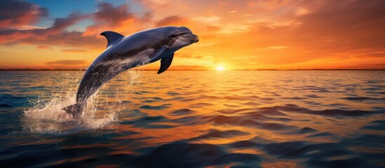 A common dolphin gracefully leaping out of the liquid expanse of the water against the backdrop of a colorful sunset sky, with fluffy clouds and a scenic natural landscape