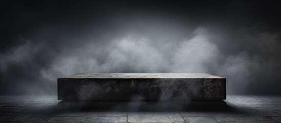 A rectangular podium made of wood stands in a dark room, emitting grey smoke resembling clouds. The...