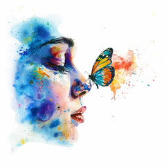 Painting of a butterfly standing in nose of girl.