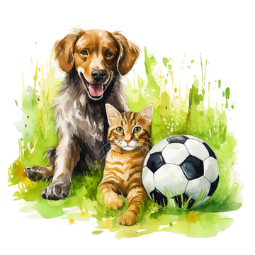 Painting of a cat and dog playing with a ball