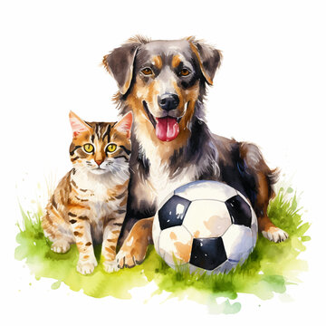 Painting of a cat and dog playing with a ball 