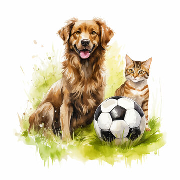 Painting of a cat and dog playing with a ball