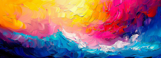 Colorful ocean sunset abstract painting. Water waves, sky clouds background. Rainbow blue, yellow, pink brushstroke texture for copy space text. Beach vacation travel illustration by Vita - obrazy, fototapety, plakaty