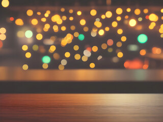 Wooden table, blurred bokeh background background. Neon light, night view, close-up. The general background of the interior, a dark background, generated ai