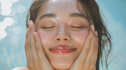 Beautiful Japanese woman in her 20s doing skin care, clear white skin and glossy lips, close-up　スキンケアする美しい女性
