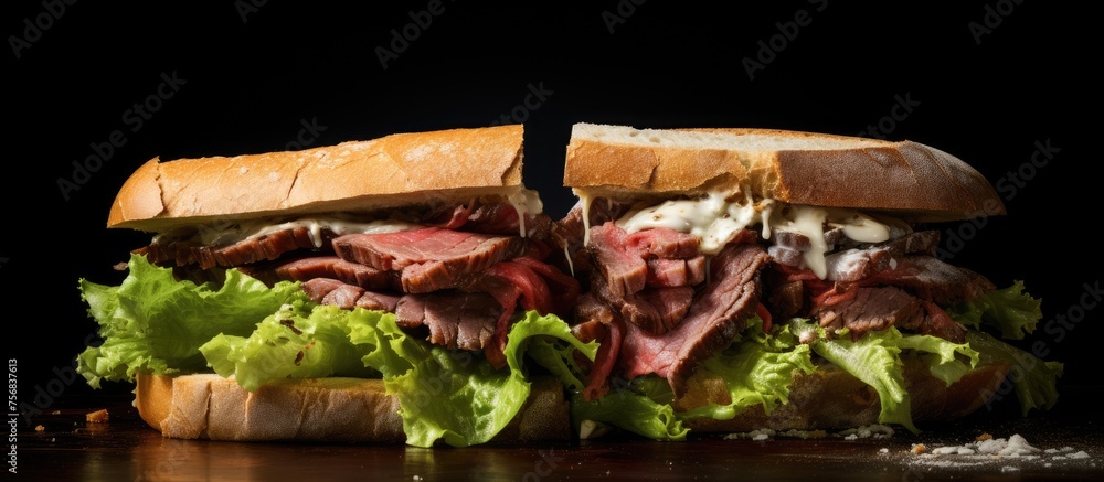 Poster the roast beef sub sandwich has been sliced in half, resting on a table waiting to be enjoyed at the