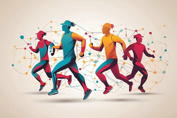 Fototapeta na wymiar Running Man ,Network connection turned into, vector illustration.
