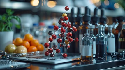 Fototapeta na wymiar Pharmaceutical advances in drug development visualized through a molecular model on a laptop next to food-grade samples