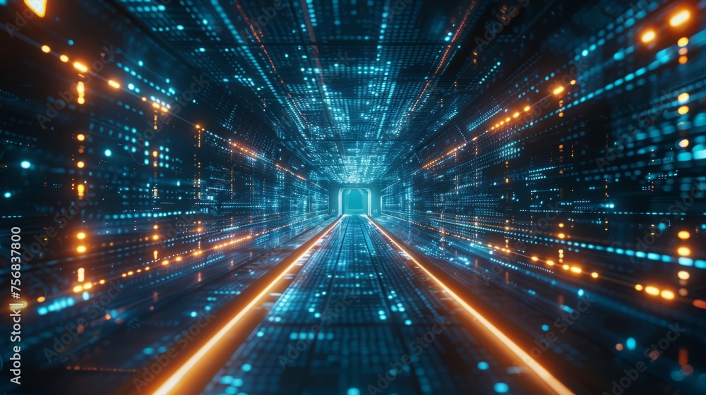 Poster futuristic binary stream, microchip pathways illuminated, cold blue tones