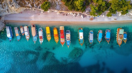 Aerial view of colorful ships parked on the beach lined up in neat rows. On the surface of the clear azure sea water, on the Mediterranean sea. View from a drone