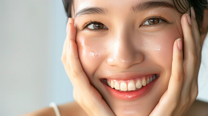 Beautiful Japanese woman in her 20s doing skin care, clear white skin and glossy lips, close-up　スキンケアする美しい女性
