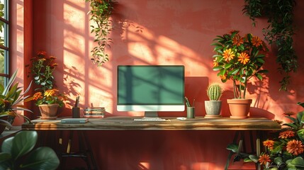 Photo of computer on table in office in pink tones with pretty flowers. Comfortable workplace with large monitor. Front view with space for graphics. 3d render frame Mockup. Room with plants.
