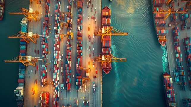 The intricate dance of cargo at a seaport, with containers, cranes, and ships, all from an aerial perspective