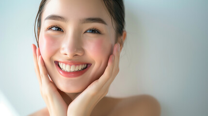 Beautiful Japanese woman in her 20s doing skin care, clear white skin and glossy lips, close-up　スキンケアする美しい女性
