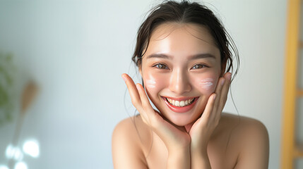 Beautiful Japanese woman in her 20s doing skin care, clear white skin and glossy lips, close-up　スキンケアする美しい女性
