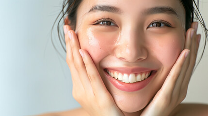 Beautiful Japanese woman in her 20s doing skin care, clear white skin and glossy lips, close-up　スキンケアする美しい女性
