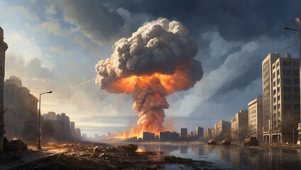 The moment the city was hit by a nuclear bomb, digital painting. The destroyed city, digital painting.