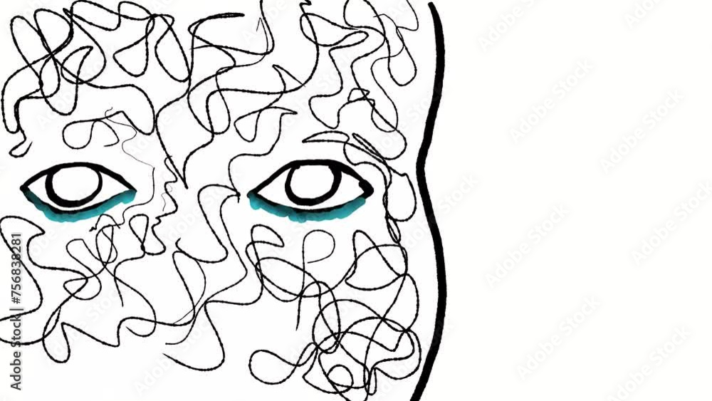 Poster 2d animation motion graphics showing a drawing of face with pair of eyes crying with tears flowing i