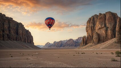 Hot balloon flying up in the sky of a desert