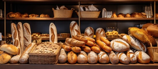 Assortment of fresh bread displayed in a bakery