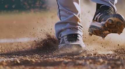 A dynamic UHD shot of a baseball player stealing a base with lightning speed, sliding into the bag just ahead of the tag, showcasing the excitement and strategy of baserunning in a close game.