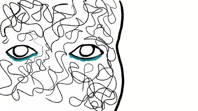 2D Animation motion graphics showing a drawing of face with pair of eyes crying with tears flowing in a depressed state of mind mental health concept on white screen in 4k ultra-high-definition.