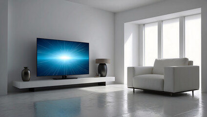 3d TV in the white room. tv hanging on wall. room concept.  - obrazy, fototapety, plakaty