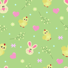 Cute set of Easter design elements with bunny, eggs, flowers. Vector flat illustration ideal for greeting cards, posters. Happy Easter banner,illustration of Easter bunny, beautiful colored eggs, cand