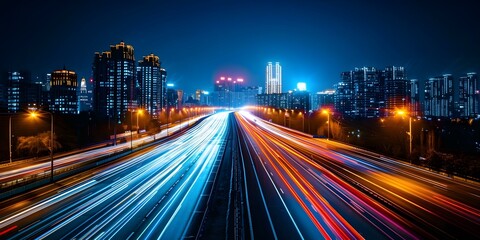 Fototapeta na wymiar Nighttime City Highway with Blurred Lights of Fast-Moving Traffic. Concept Night Photography, Cityscape, Highway Lights, Long Exposure, Urban Exploration
