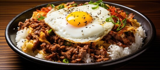 A fried egg sits atop a dish of rice, making it a delicious and comforting staple food in many cuisines worldwide. This simple yet flavorful dish is a popular choice for any meal
