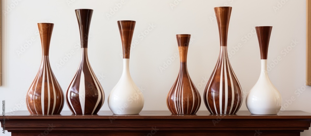 Poster a line of wooden and white vases displayed on a mantelpiece, creating a serene still life compositio