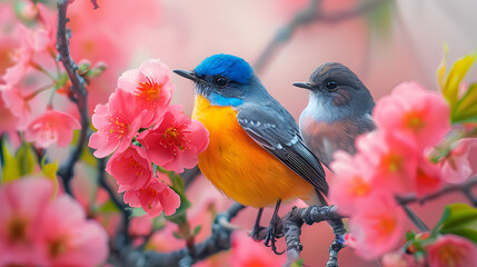 Obraz premium Colorful Bird. Songbird in Cherry Blossoms